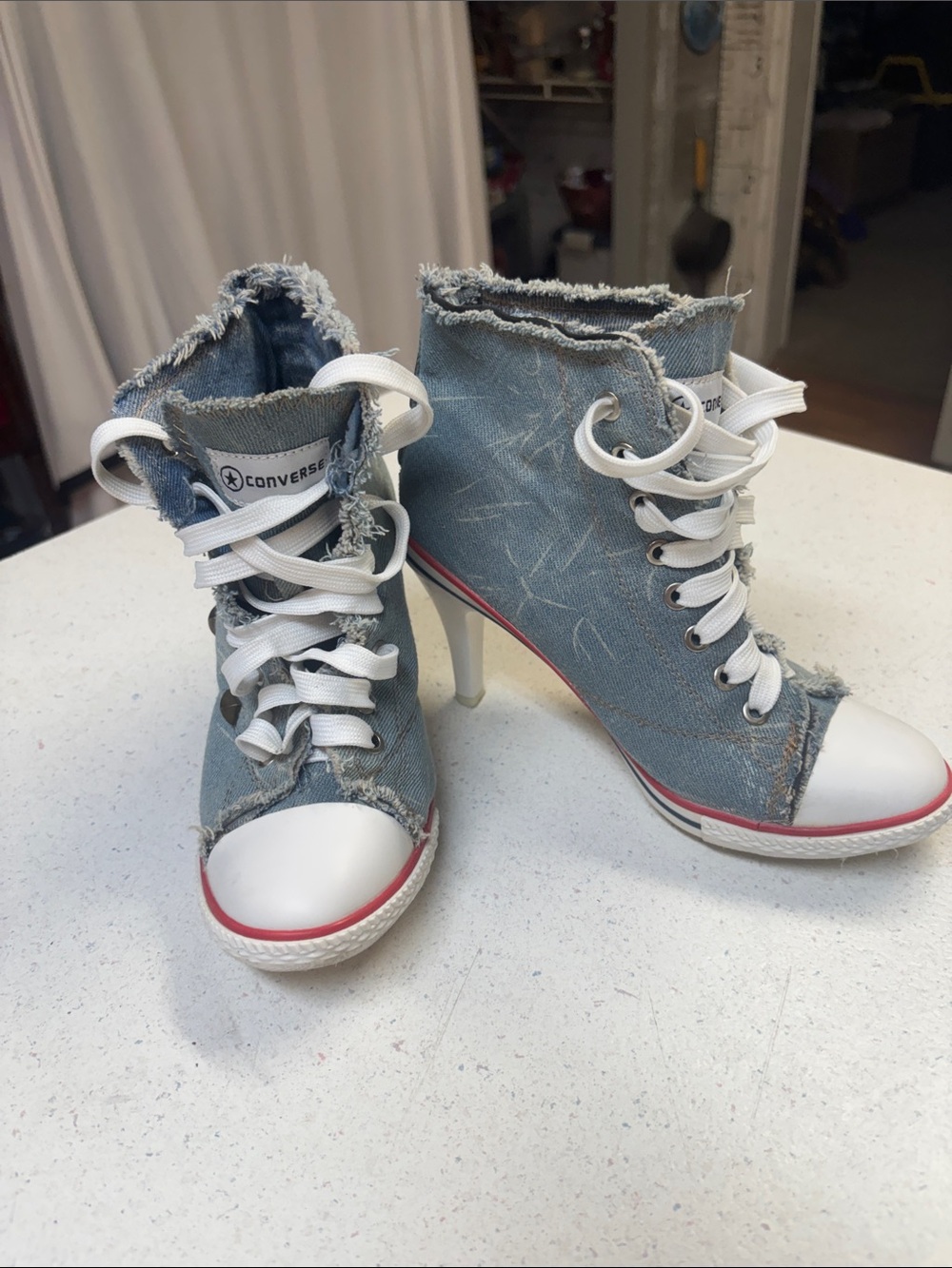 Denim High-Heel Sneaker Boots in Light Blue and White